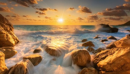 Poster - Very beautiful mediterranean seascape with setting sun on sunset. Waves crash on rocks in nature.