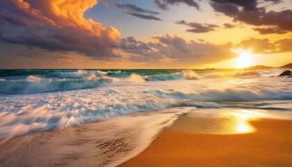 Poster - Beauty of sea nature of Mediterranean coast on warm summer evening. Setting sun illuminates stormy waves with caps of foam rolling onto golden sandy beach