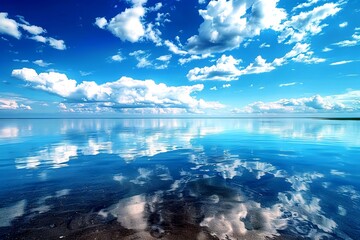 A beautiful blue sky with clouds reflecting on the water.