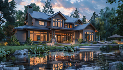 Elegant Craftsman Style New Construction Mauve House Highlighting Sleek Architectural Elements in a Serene Riverside Environment