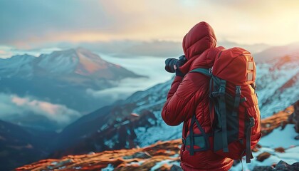 Illustrate a side view of a photographer capturing a breathtaking landscape with a modern DSLR camera