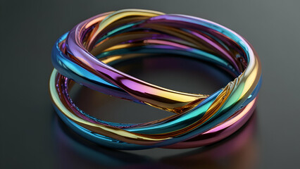 3d iridescent metallic twisted ring, flowing curves, isolated on transparent background