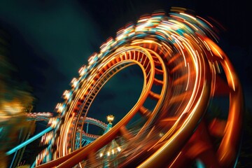 Brightly lit roller coaster at night with motion blurry