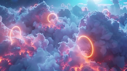 Wall Mural - sky full of clouds with glowing circles in the middle. the circles are neon and the sky is a deep bl