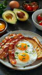 Canvas Print - A plate of bacon, eggs, and toast is set on a table