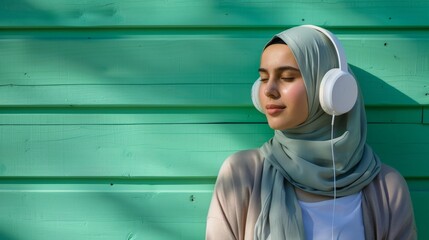 Wall Mural - portrait of a young muslim woman wearing a hijab and headphones