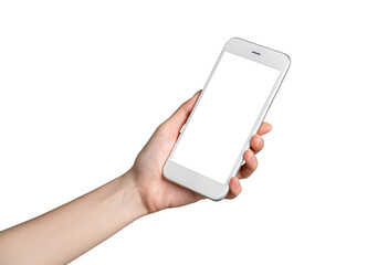 Hand holding smartphone mockup of blank screen for graphic display montage.