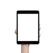 © sataporn - Hand holding tablet mockup of blank screen for graphic display montage.