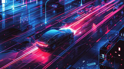 Wall Mural - Simplified vector depiction of an autonomous car navigating busy urban streets with seamless precision. Highlighting advanced technology, safety features, and smart mobility solutions, the scene uses