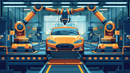 Wall Mural - Simplified vector scene of a car manufacturing plant with robotic arms precisely assembling vehicles. The illustration emphasizes the efficiency and technological advancements of automotive robotics