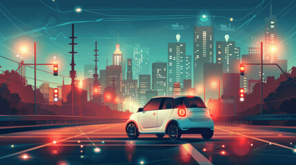 Wall Mural - Vector illustration of a connected car interacting with smart city infrastructure, including traffic lights and communication towers. The scene highlights automotive software, smart mobility