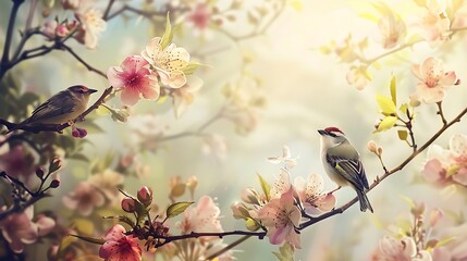 Wall Mural - spring blossoms and singing birds on tree branches, sunlit background.