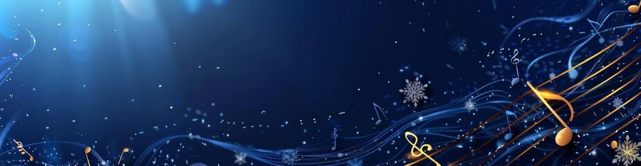 Wall Mural - Dark background, golden music notes flying in the air, golden musical lines and stars on a dark blue background