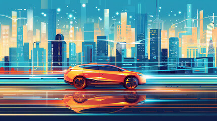 Wall Mural - Minimalist vector scene of a hybrid vehicle driving through a bustling urban landscape, showcasing the benefits of hybrid technology and sustainable transportation solutions. The design features