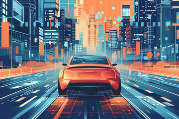 Wall Mural - Simplified vector depiction of an autonomous car navigating busy urban streets. The design highlights advanced technology and safety features of self-driving cars using minimalistic shapes and a bold