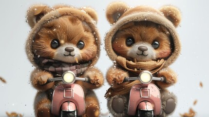 Wall Mural - A cute bear doll couple riding a pink scooter in modern format