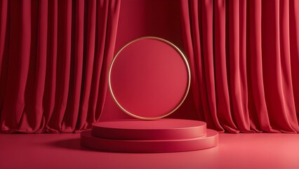 Elegant Red Podium Background, Luxury Silk Red Curtains Backdrop, Minimal Natural Background for Product Presentation or Display. High Quality 3D Pedestal. Empty Platform with Copy Space