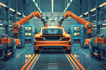 Wall Mural - Simplified vector scene of a car manufacturing plant with robotic arms assembling vehicles. The illustration highlights the precision and efficiency of automotive robotics and advanced manufacturing