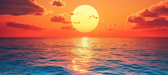 Wall Mural - Sunset over the ocean, orange sky with golden sun above the calm sea water, panoramic view. Beautiful natural landscape background