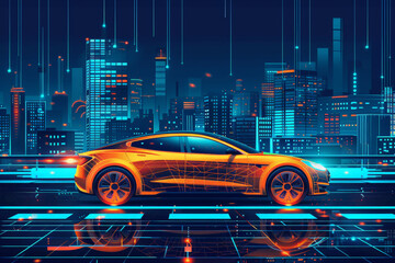 Wall Mural - Vector illustration of a connected car interacting with smart city infrastructure. The scene highlights automotive software and smart mobility solutions, using a minimalistic design and vibrant