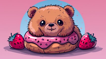 Wall Mural - A cute bear doll with a strawberry donut slogan is illustrated in a modern illustration