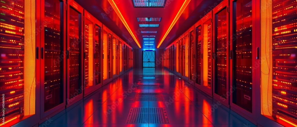 Data Led Building Operational Performance Data center panorama Wideangle view of operational rack servers with ...