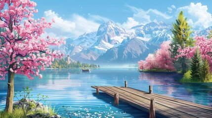 Vibrant pink blossoms bloom along the shore of a serene lake, framed by towering mountain peaks in this enchanting 2D cartoon illustration.