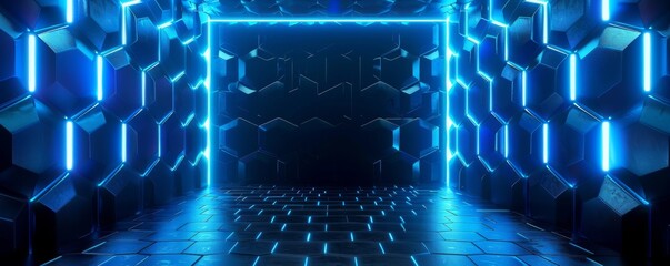 Fototapete - 3d render, abstract background with blue glowing hexagon patterns on dark wall and floor in futuristic room.