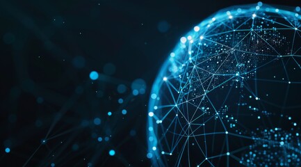 Poster - A blue digital globe with data connections and glowing lines, representing global network technology.