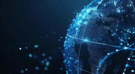 Poster - A blue digital globe with data connections and glowing lines, representing global network technology.