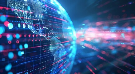 Poster - A blue digital globe with data connections and glowing lines, representing global network technology.