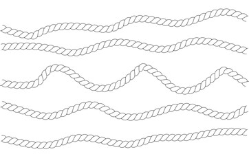 Wall Mural - Rope wave set. Repeating hemp cord line collection. Waving chain, braid, plait stripe bundle. Seamless decorative plait pattern. Vector marine twine design elements for banner, poster, frame