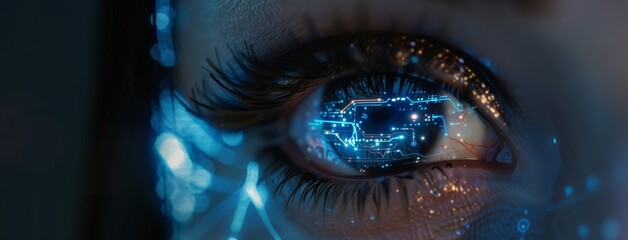 Poster - A close up of an eye with digital circuitry and data flowing through it.