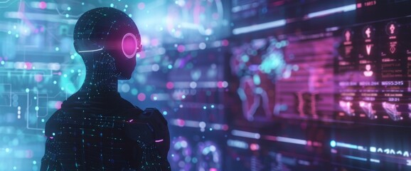 Poster - An AI robot is using holographic touch screen technology to display various data and charts on the virtual interface of an interactive digital wall.