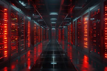 Poster - Hightech server room Expansive shot of a working data center with rows of computers and flashing red emergency lights in a dark setting