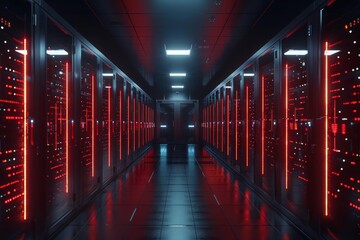 Poster - Hightech server room Expansive shot of a working data center with rows of computers and flashing red emergency lights in a dark setting