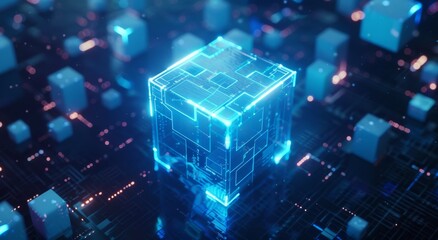 Fototapete - A digital rendering of an abstract background with glowing blue cubes.