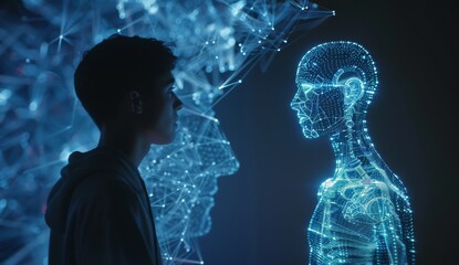 Poster - A man is talking to an AI robot with holographic projection.