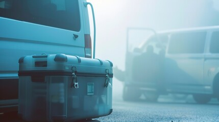 Poster - Close-up of an ambulance's medical supply kit, foggy with no people, eerie, twilight setting