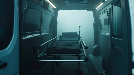 Poster - Close-up of a stretcher inside a medical van, foggy with no people, eerie, twilight setting --