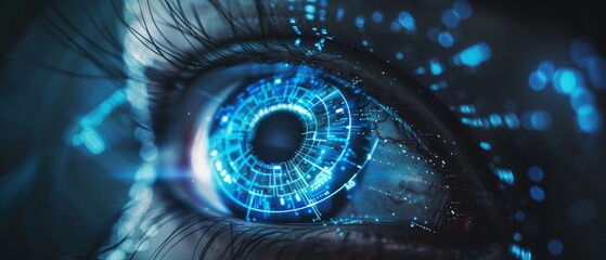Poster - A close up of an eye with digital circuitry and data flowing through it.