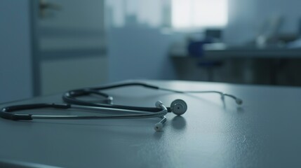 Poster - Close-up of a stethoscope on an exam table, foggy and empty, no humans, evening light 