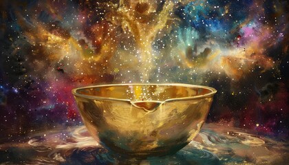 Golden chalice emanating magical, sparkling energy against a cosmic background, symbolizing mystical, spiritual, and heavenly concepts.