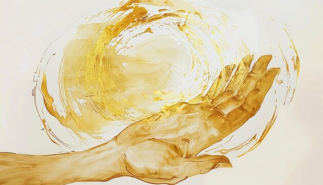 Golden hand reaching towards radiant light in a graceful artistic watercolor painting, symbolizing hope and enlightenment.