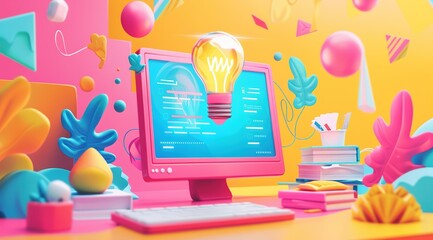 Wall Mural - Illustration of website creation with computer and elements such as a light bulb for idea concept