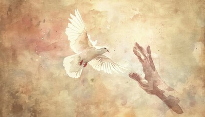 A white dove flying towards a reaching hand on a soft, vintage background symbolizing peace and hope.