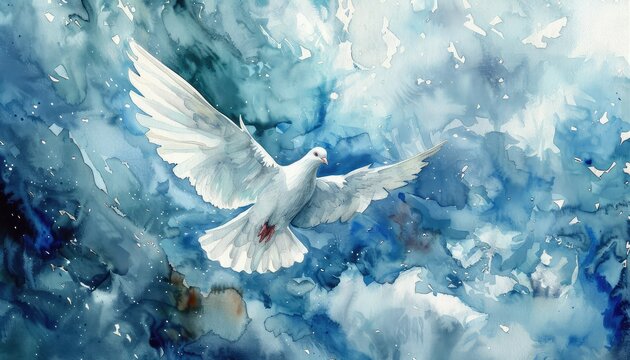 Beautiful white dove in flight against a dramatic blue sky background, symbolizing peace and freedom in a watercolor painting. A representation of the New Testament Holy Spirit