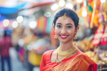 Wall Mural - A portrait of an elegant young Indian woman in traditional attire, smiling warmly at the camera. She wears gold jewelry and a red saree, embodying cultural beauty. The background i