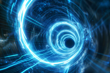 Wall Mural - abstract background featuring a blue glowing light wave spiraling into the center, representing the speed of time in a black hole tunnel. Glowing energy lines curve and twist, lead