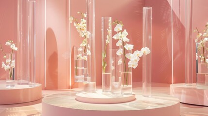 Wall Mural - The set design featured clear glass vertical display columns containing orchids, with a pink backdrop and a modern, minimalist aesthetic. 